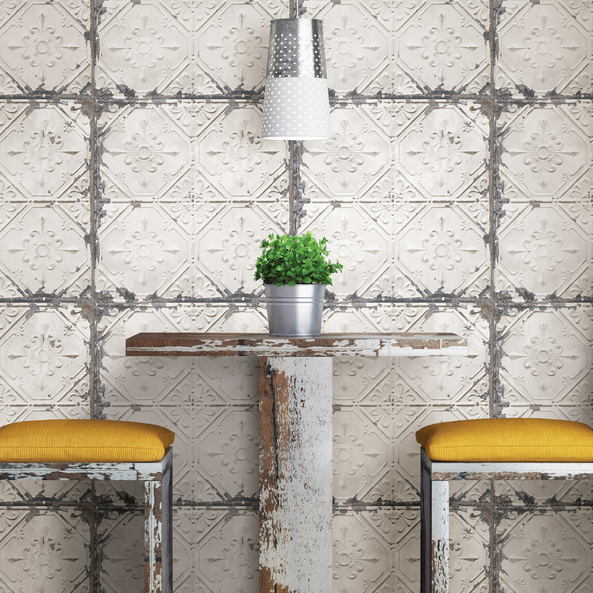 Gallery Off White Vintage Tin Tile Scrubbable Removable Peel and Stick Vinyl Wallpaper Farmhouse by Chesapeake - 3115-NU2213