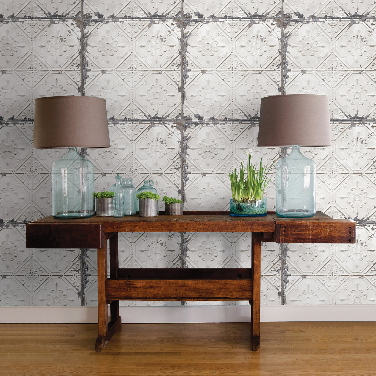 Gallery Off White Vintage Tin Tile Scrubbable Removable Peel and Stick Vinyl Wallpaper Farmhouse by Chesapeake - 3115-NU2213