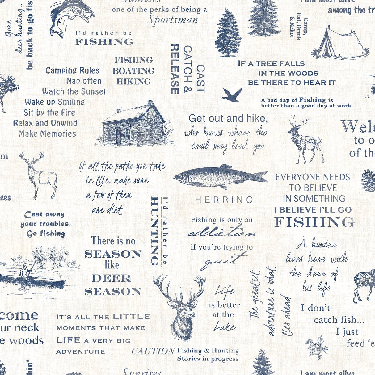 North Hills Camping Quotes Navy Wallpaper with Rustic Outdoor Typography & Cabin Motif - Chesapeake 3118-01474
