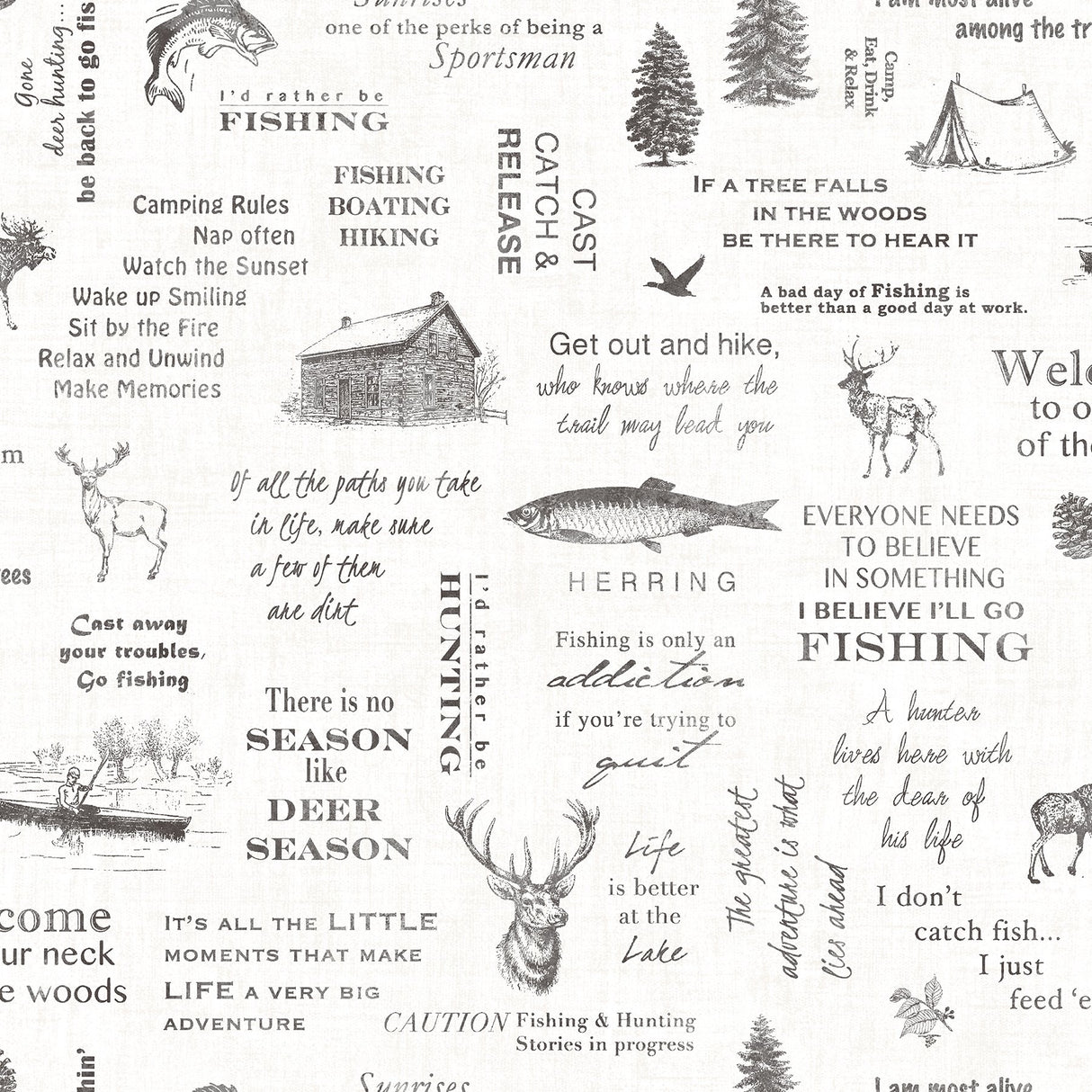 North Hills Black Camping Quotes Wallpaper with Rustic Lodge Novelty Pattern - Chesapeake 3118-01475