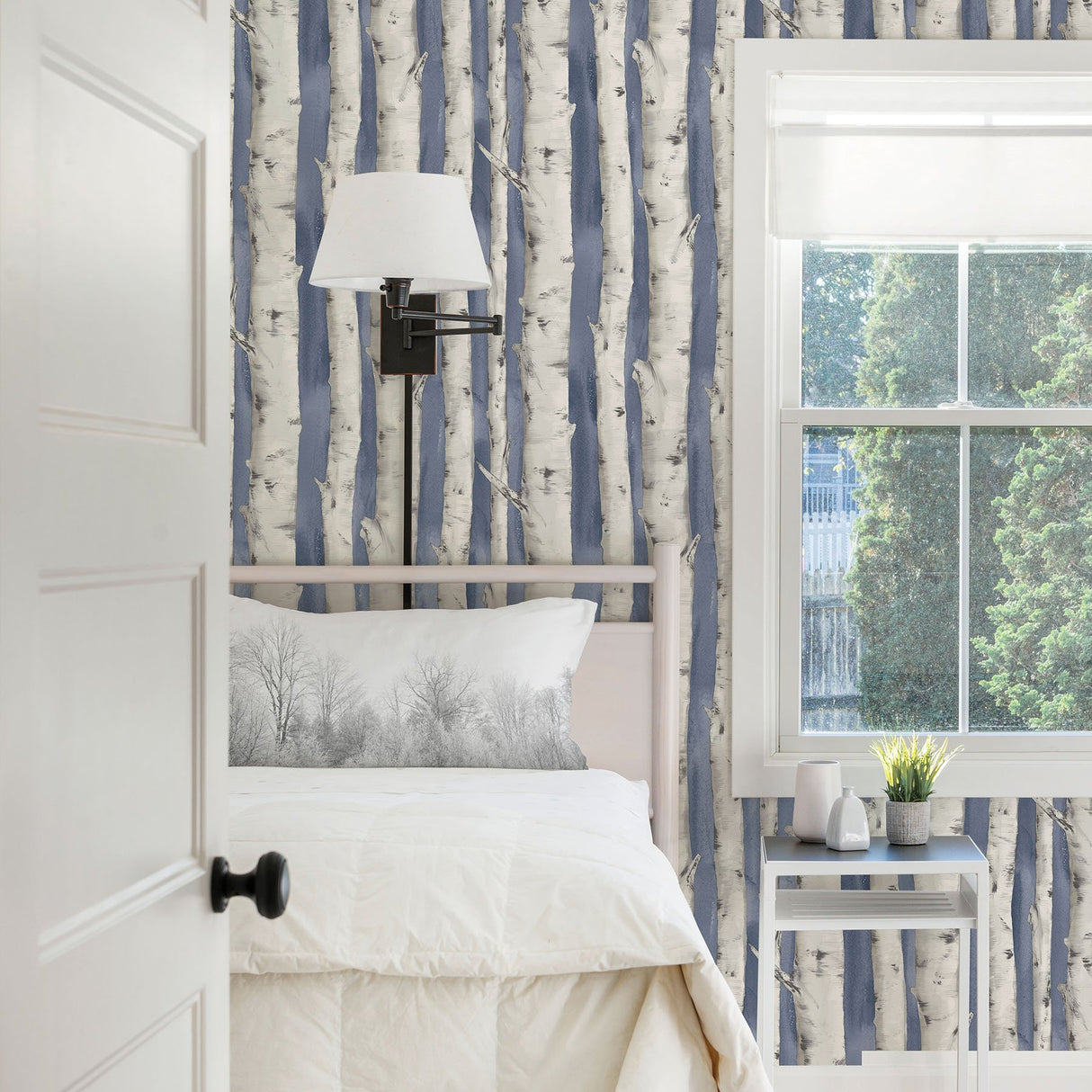 Pioneer Denim Birch Tree Wallpaper with Hand-Painted Tree Motif - Chesapeake 3118-12604