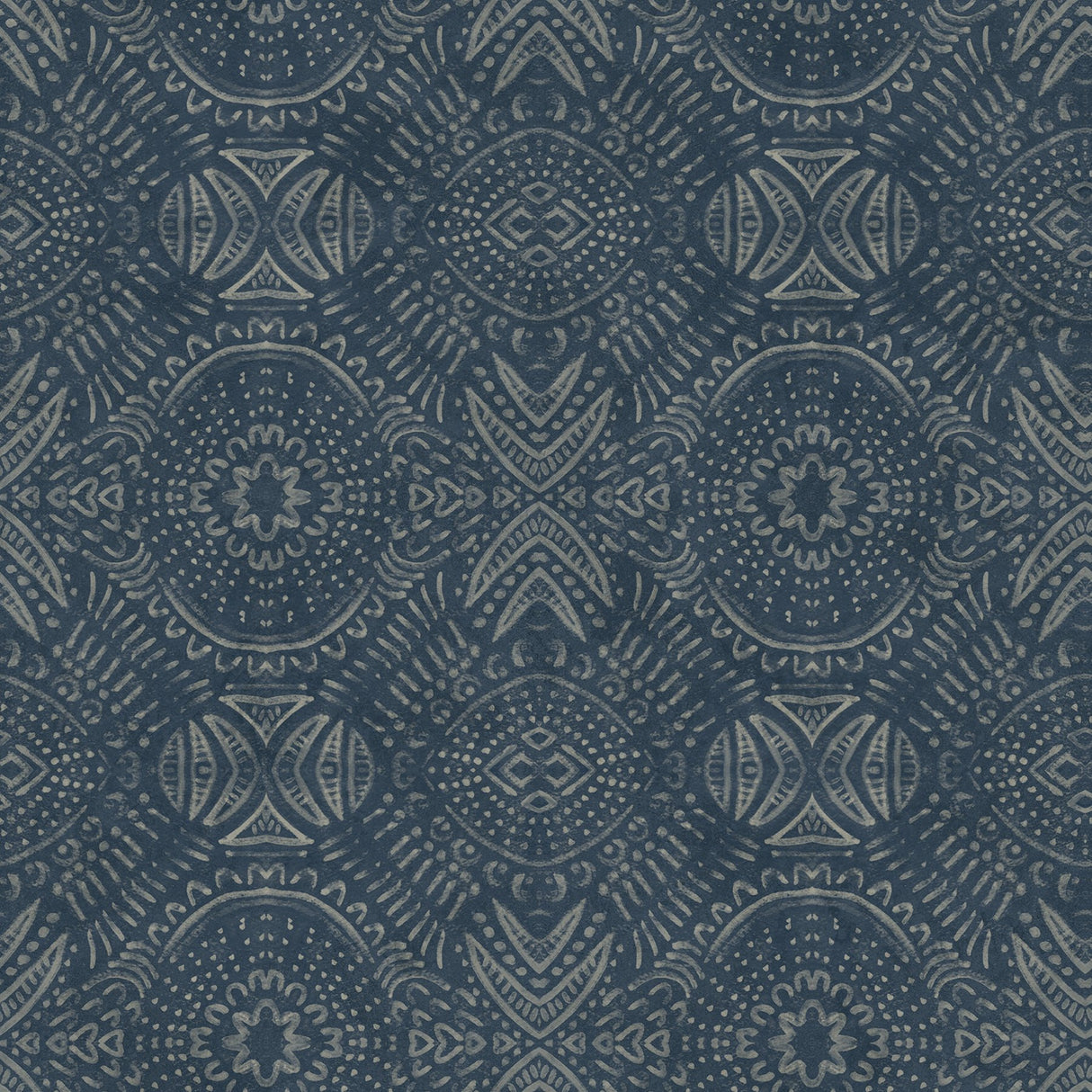 Java Navy Medallion Wallpaper with Handpainted Tin Tile Motif - Chesapeake 3118-12661