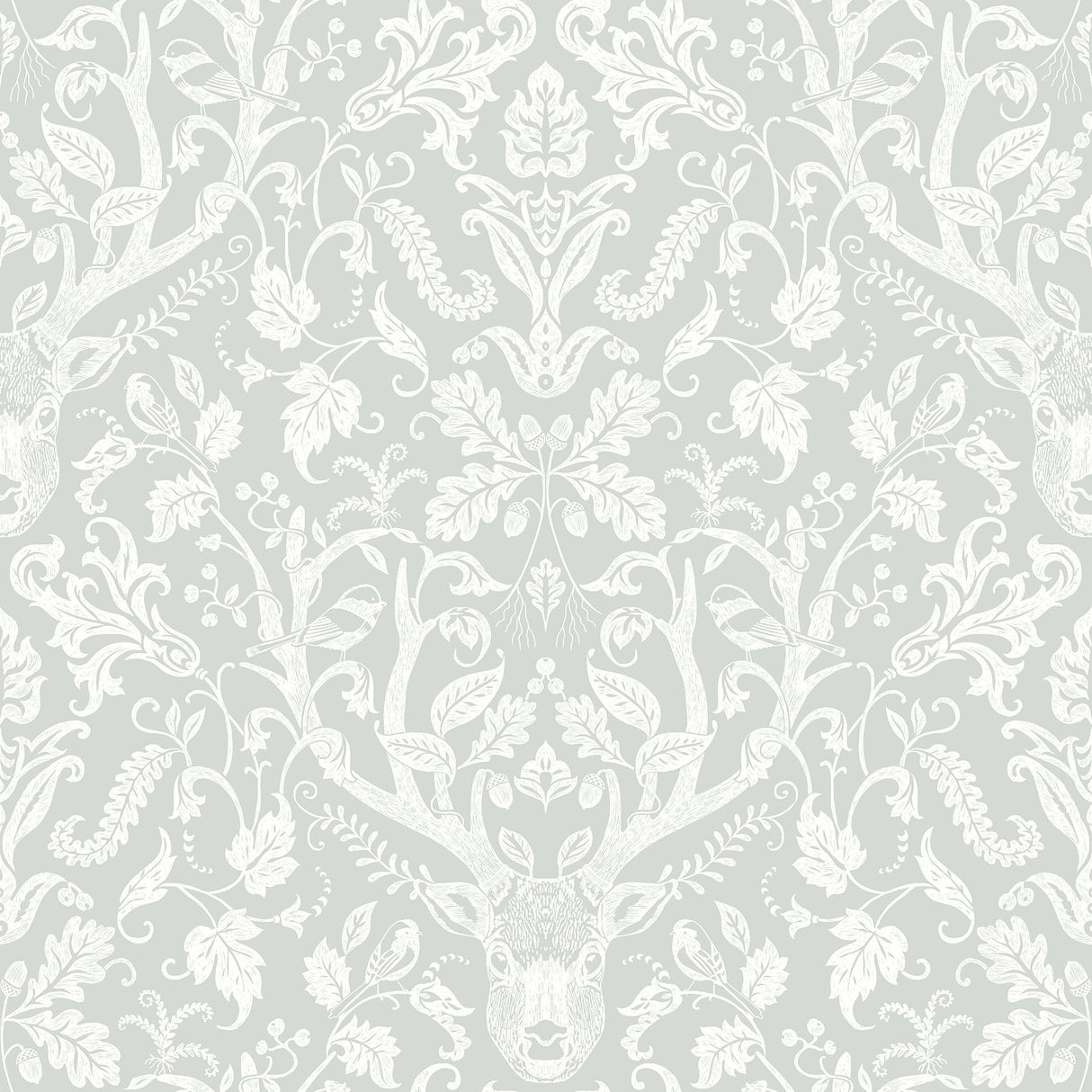 Kiwassa Grey Antler Damask Wallpaper with Hand-Drawn Forest Stag Motif, Country Style - Chesapeake 3118-12702