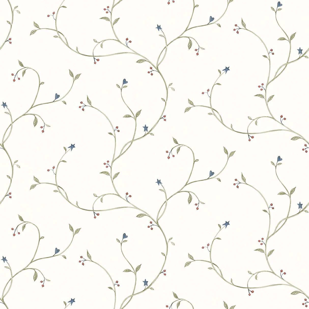 Kurt Green Tin Star Trail Wallpaper with Country Botanical Trails Motif - Brewster 3119-09158