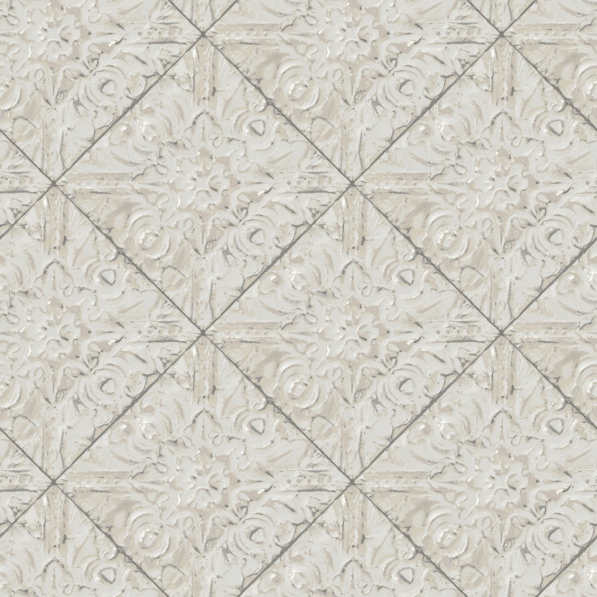 Brandi Grey Metallic Faux Tile Wallpaper with Vintage Tin-Inspired Tile Pattern - Chesapeake 3119-13094