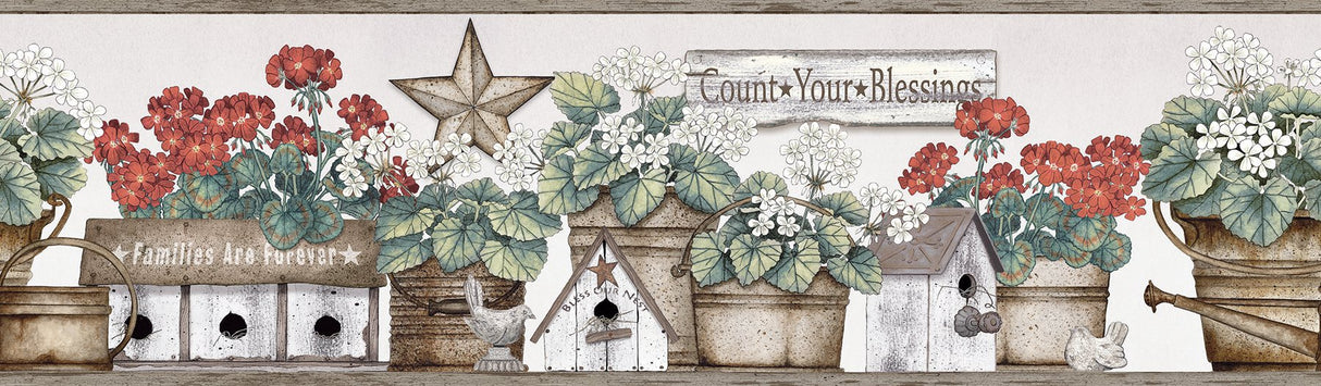 Geranium Multicolor Flower Pot Border Wallpaper with Country Botanical Floral Pattern - Chesapeake 3119-13581B