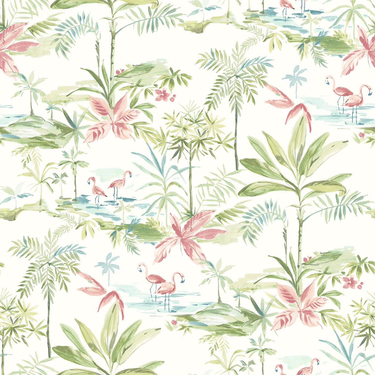 Lagoon Green Scenic Island Wallpaper with Flamingos and Palms - Chesapeake 3120-12071