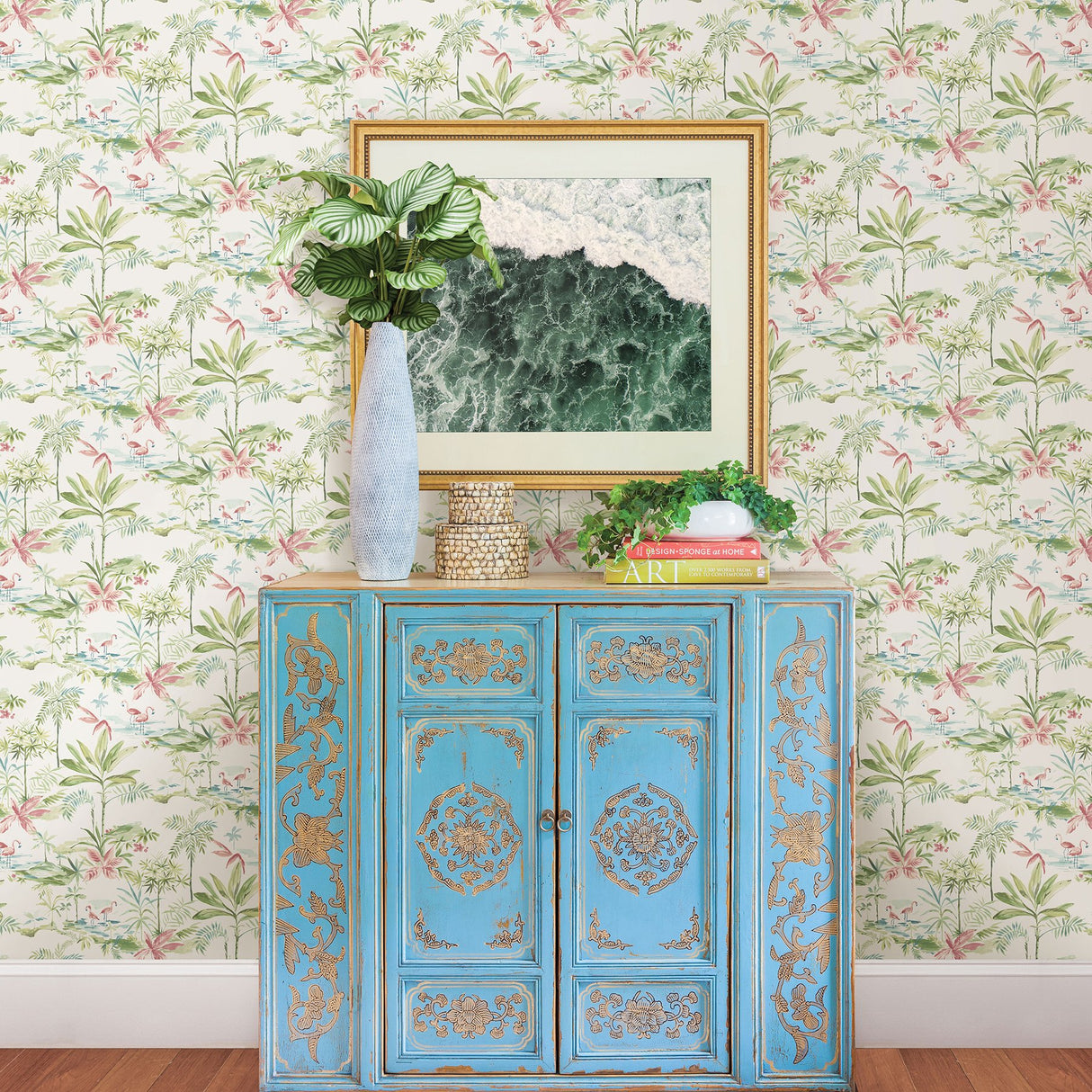 Lagoon Green Scenic Island Wallpaper with Flamingos and Palms - Chesapeake 3120-12071