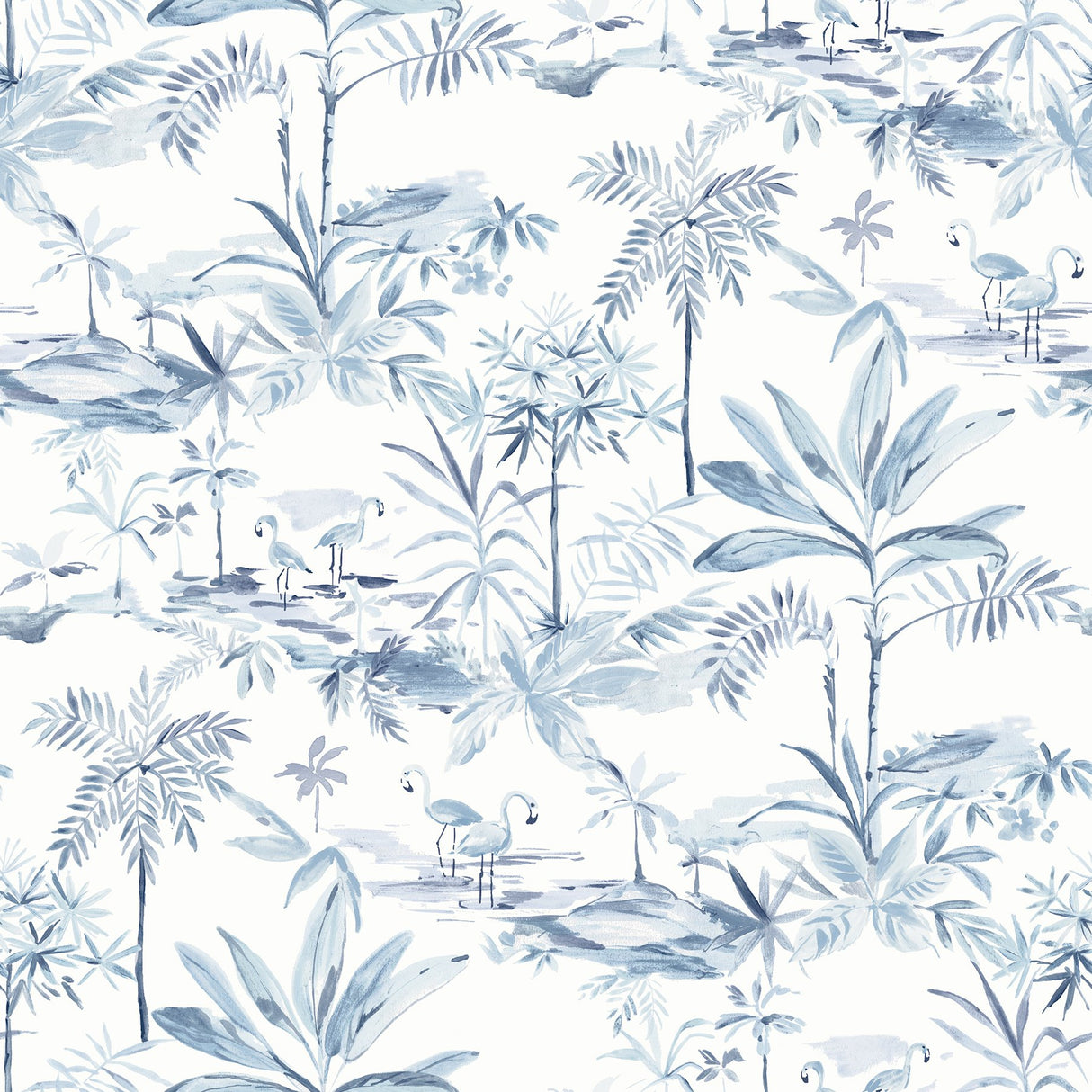 Lagoon Blue Scenic Island Wallpaper with Coastal Watercolor Flamingo Motif - Chesapeake 3120-12074
