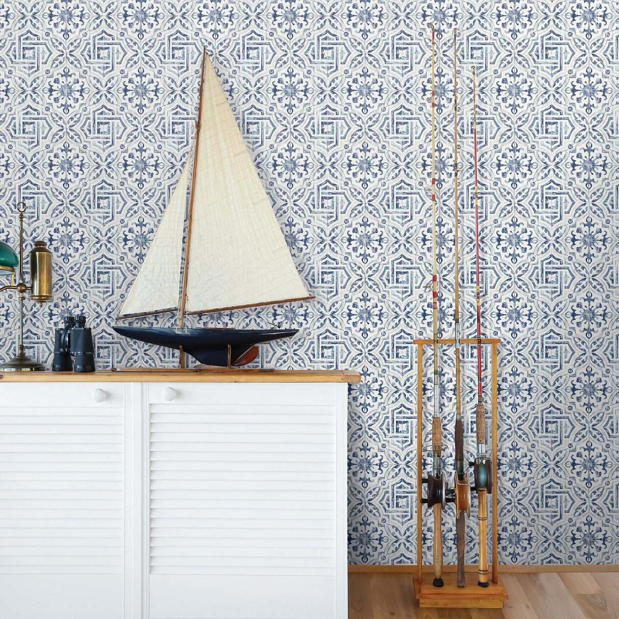 Sonoma Blue Beach Tile Wallpaper with Coastal Abstract Tiles Motif - Chesapeake 3120-12332