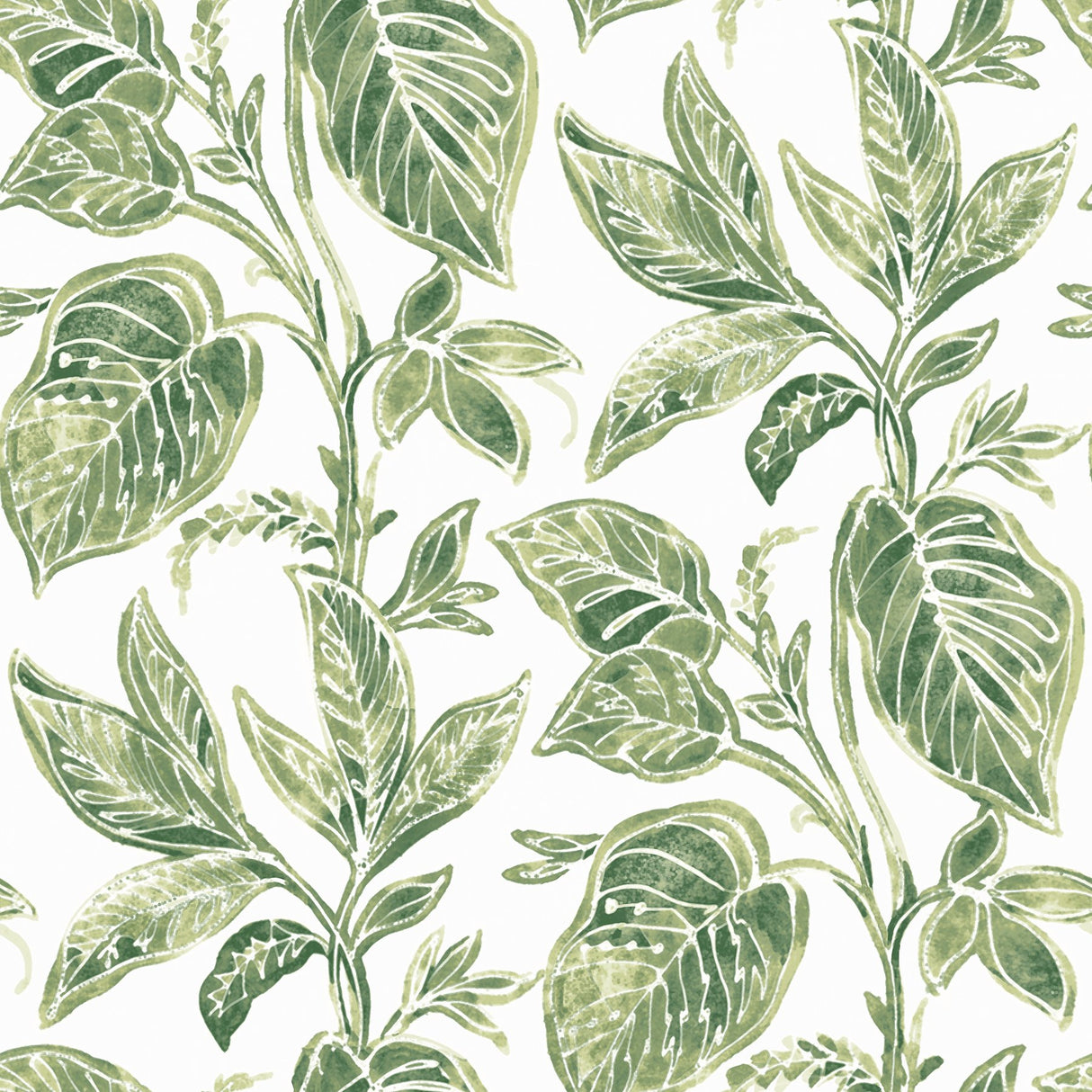 Mangrove Green Botanical Wallpaper with Hand-Painted Leaf Motif - Chesapeake 3120-13621