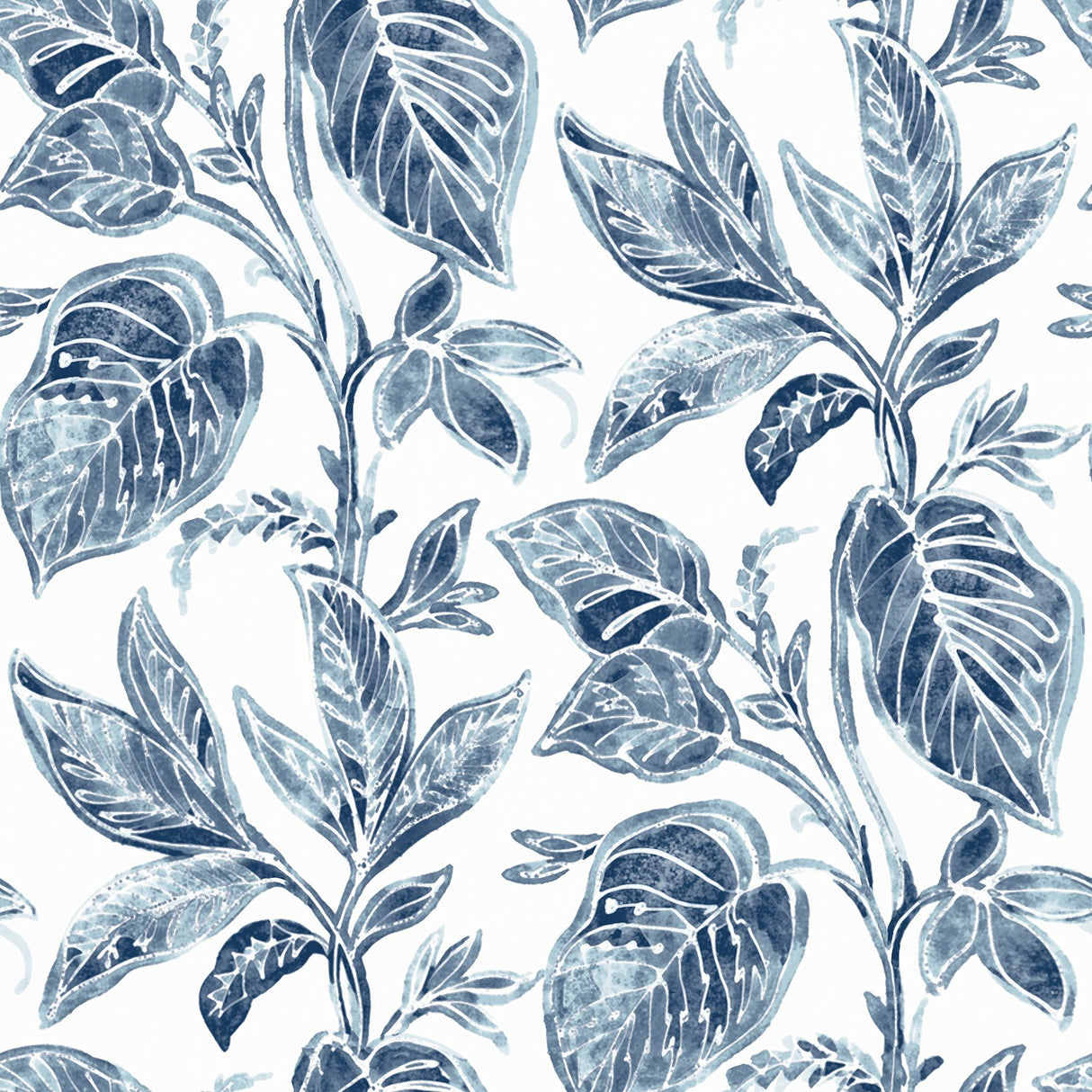 Mangrove Blue Botanical Wallpaper with Watercolor Leaf Motif - Chesapeake 3120-13625