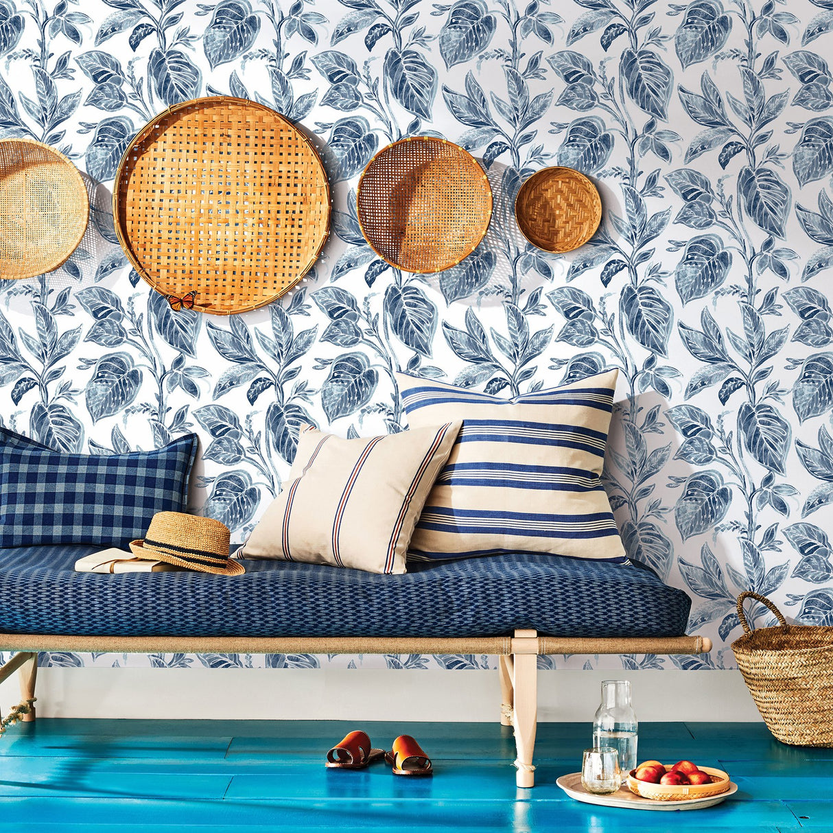 Mangrove Blue Botanical Wallpaper with Watercolor Leaf Motif - Chesapeake 3120-13625