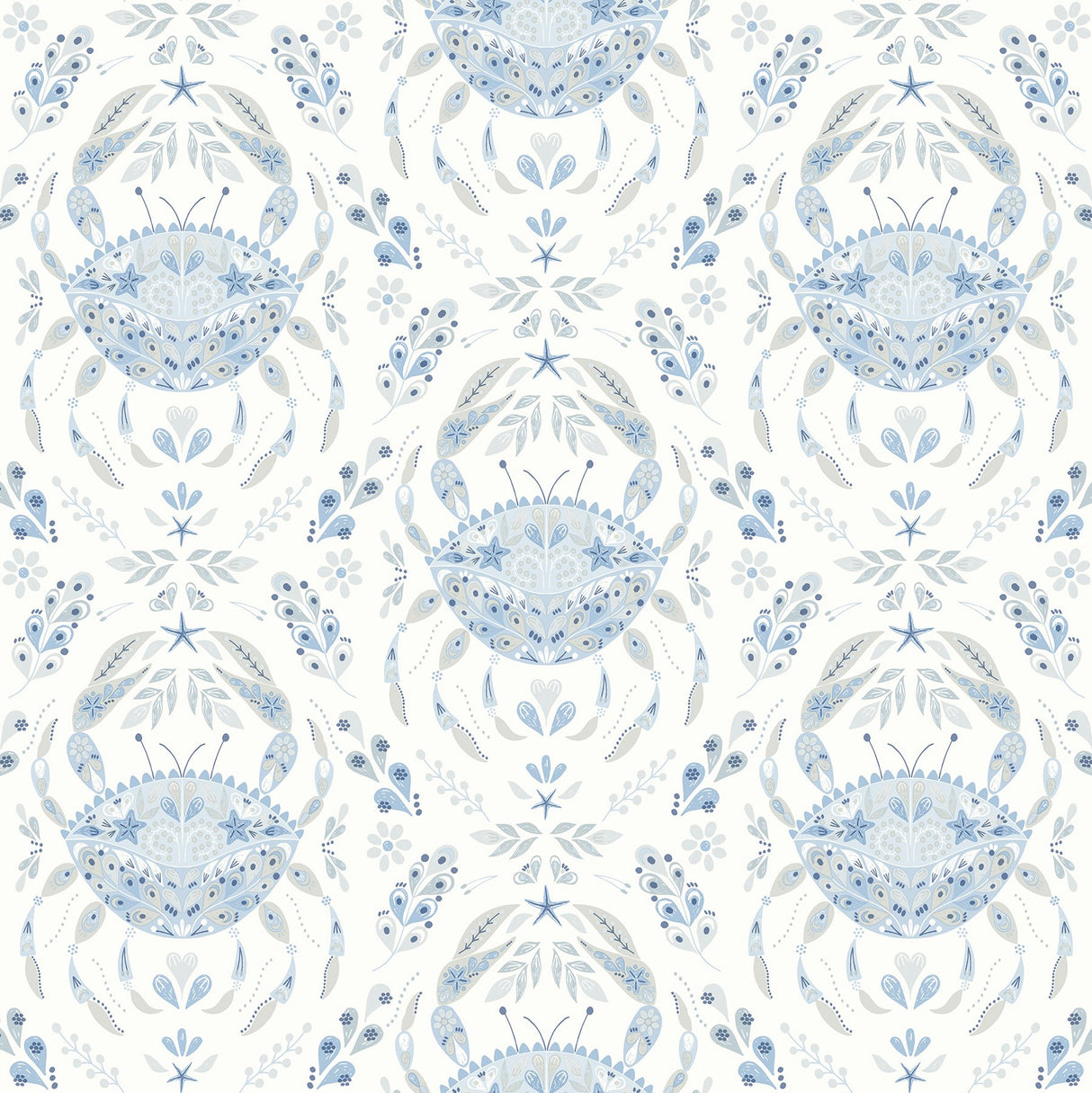 Annapolis Light Blue Crustacean Wallpaper with Coastal Damask Motif - Brewster 3120-13644