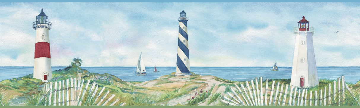 Eugene Blue Lighthouse Border Wallpaper with Coastal Beach Novelty Motif - 3120-46071B