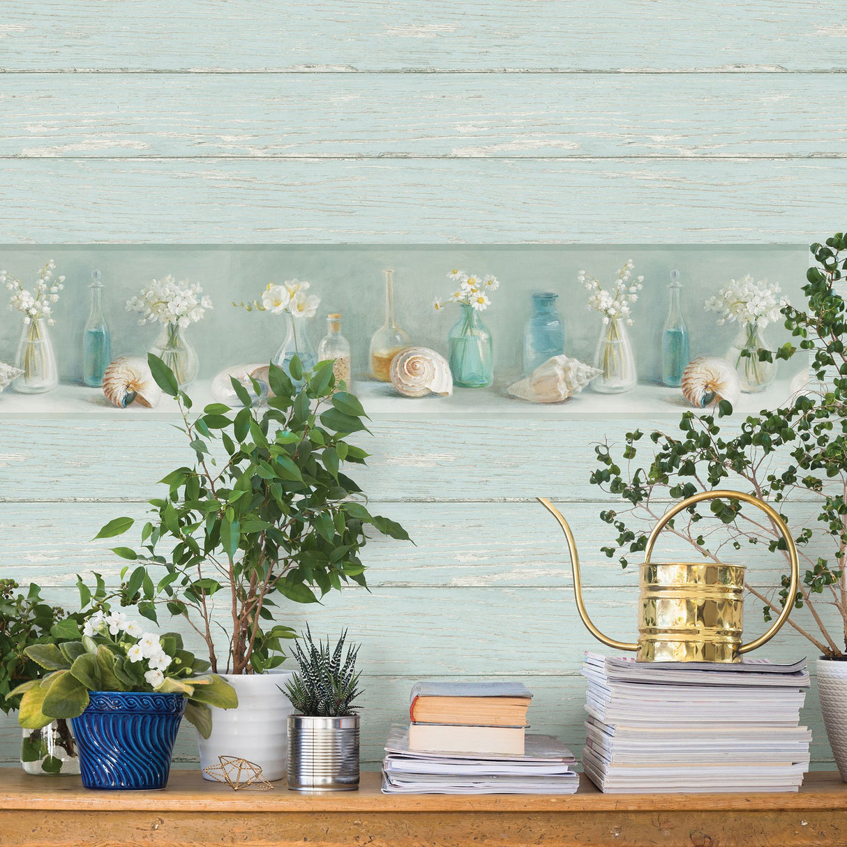 Cahoon Teal Vases Prepasted Wallpaper Border with Coastal Novelty Pattern - Chesapeake 3120-53603B