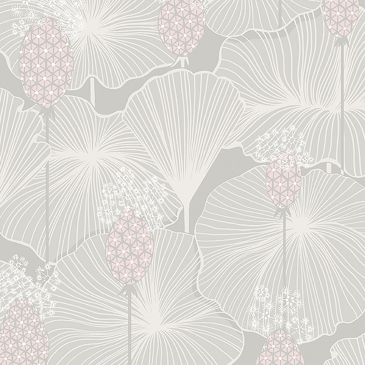 Umbrella Leaves wallpaper in grey by Boråstapeter for Schumacher, featuring fanlike leaves and pineapple-inspired ovals.
