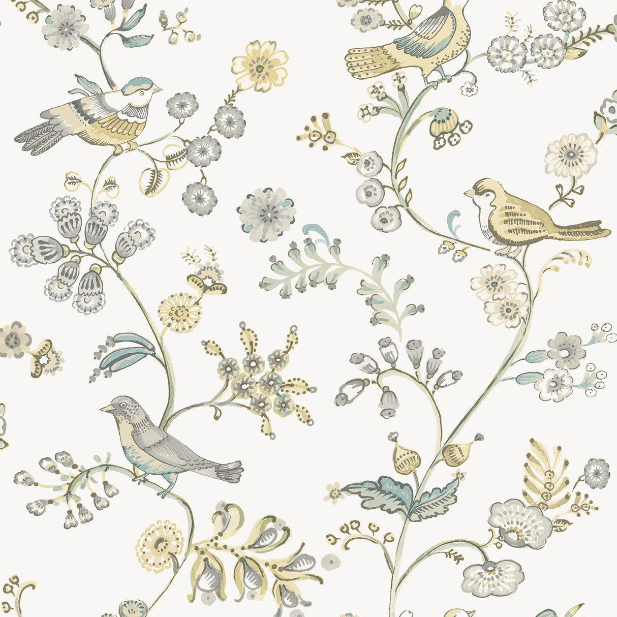 Jinjur Light Yellow Bird Trail Wallpaper with Farmhouse Botanical and Birds Motif - Chesapeake 3122-10800
