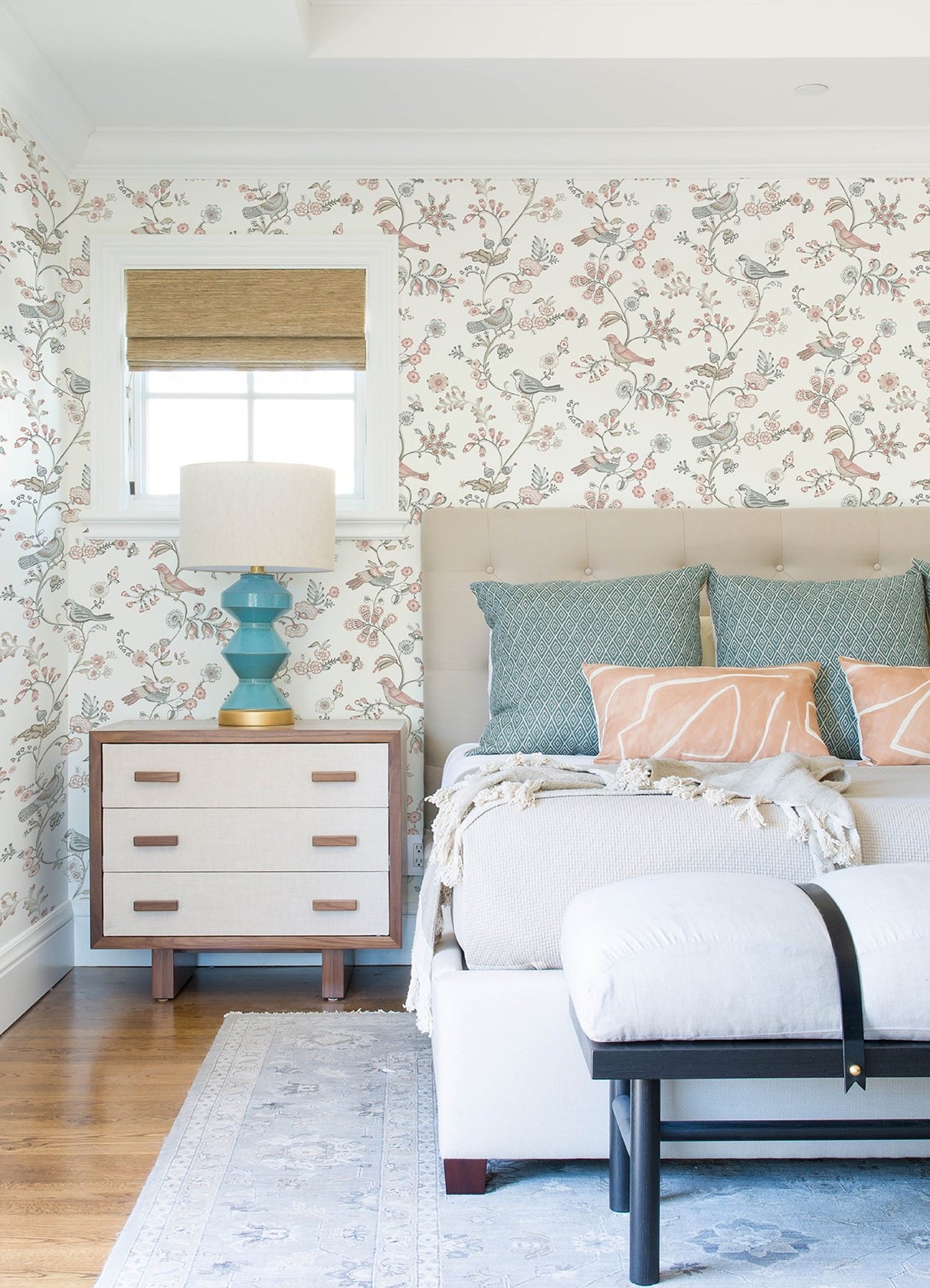 Jinjur Blush Bird Trail Wallpaper with Farmhouse Floral and Sparrows Motif - Chesapeake 3122-10805