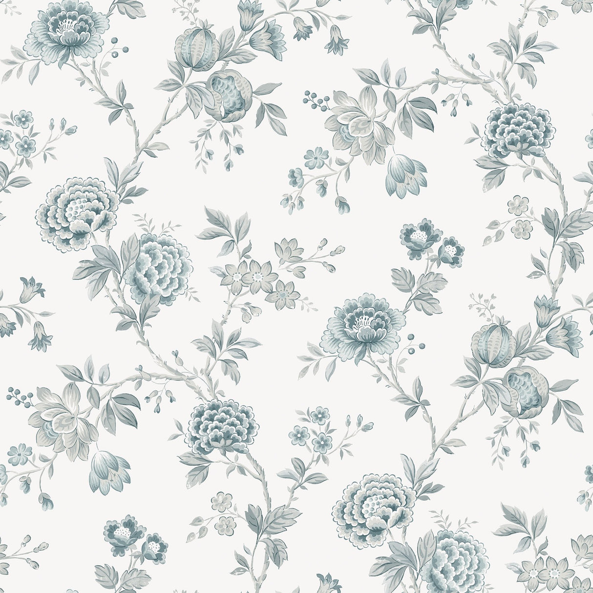 Chrysanthemum Teal Jacobean Wallpaper with Botanical Floral Pattern, Country Style - Chesapeake 3123-02215