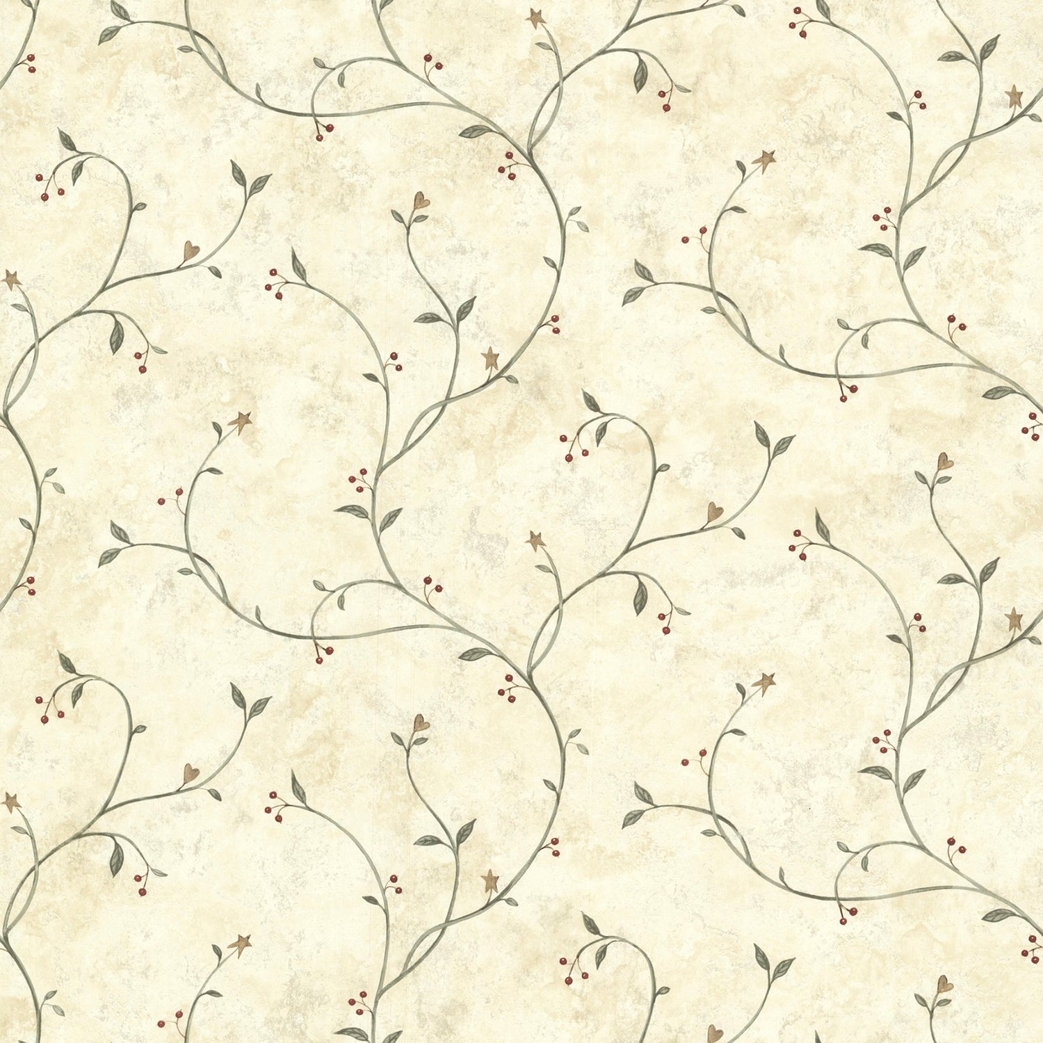 Kurt Beige Tin Star Trail Wallpaper with Country Botanical Star Vine Pattern - Chesapeake 3123-09154