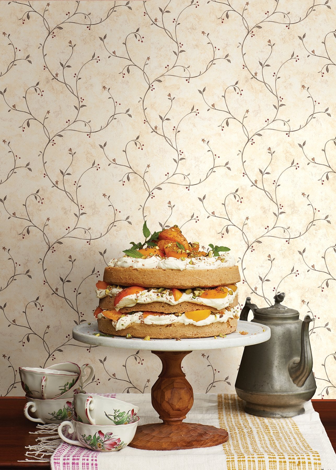 Kurt Beige Tin Star Trail Wallpaper with Country Botanical Star Vine Pattern - Chesapeake 3123-09154