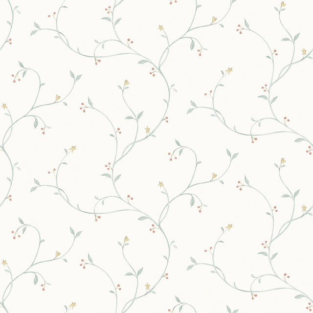 Kurt Seafoam Tin Star Trail Wallpaper with Country Stars & Botanical Vines - Chesapeake 3123-09159