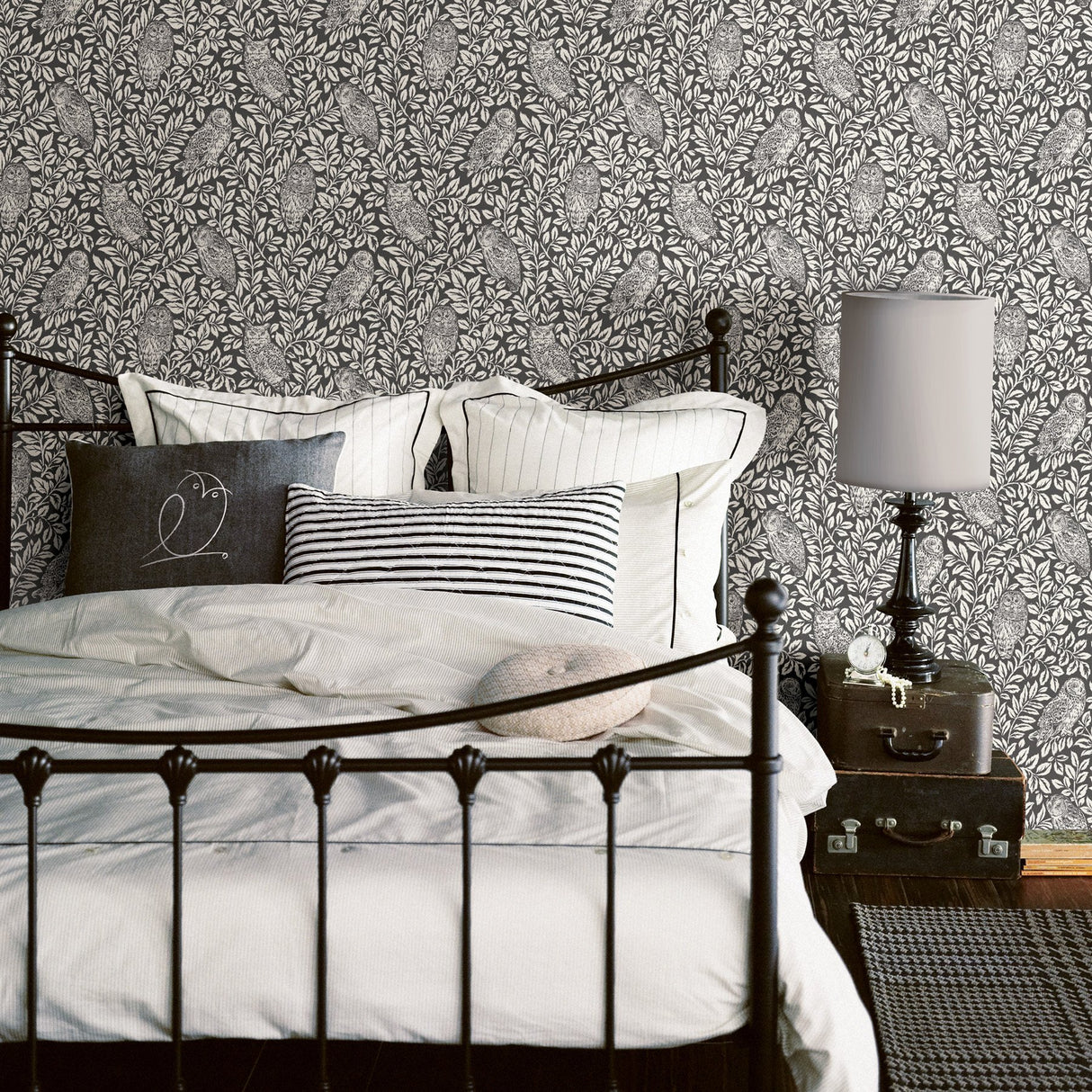 Parliament Charcoal Owl Wallpaper with Woodland Birds Motif, Farmhouse Prepasted Non Woven Blend - Brewster 3123-12415