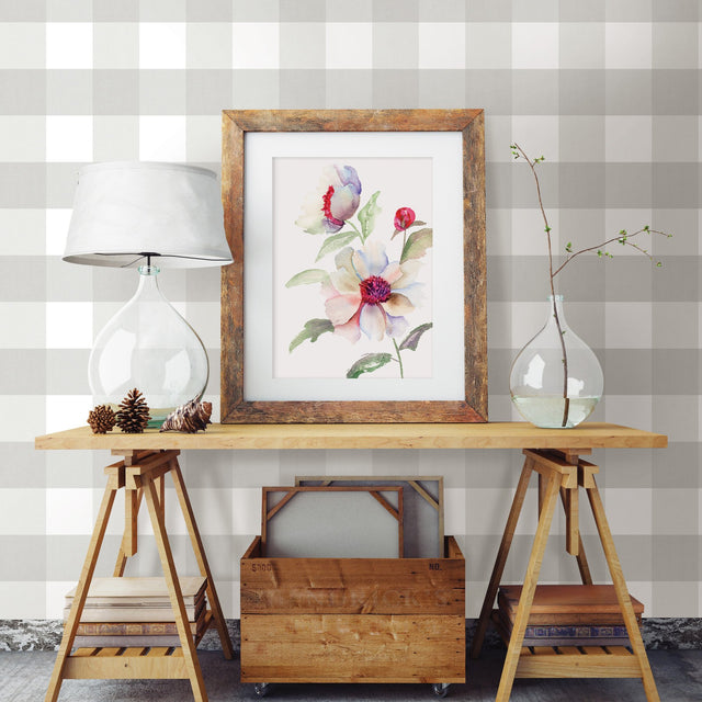 Amos Grey Gingham Wallpaper with Plaid Graphic Pattern, Farmhouse Style - Chesapeake 3123-12531