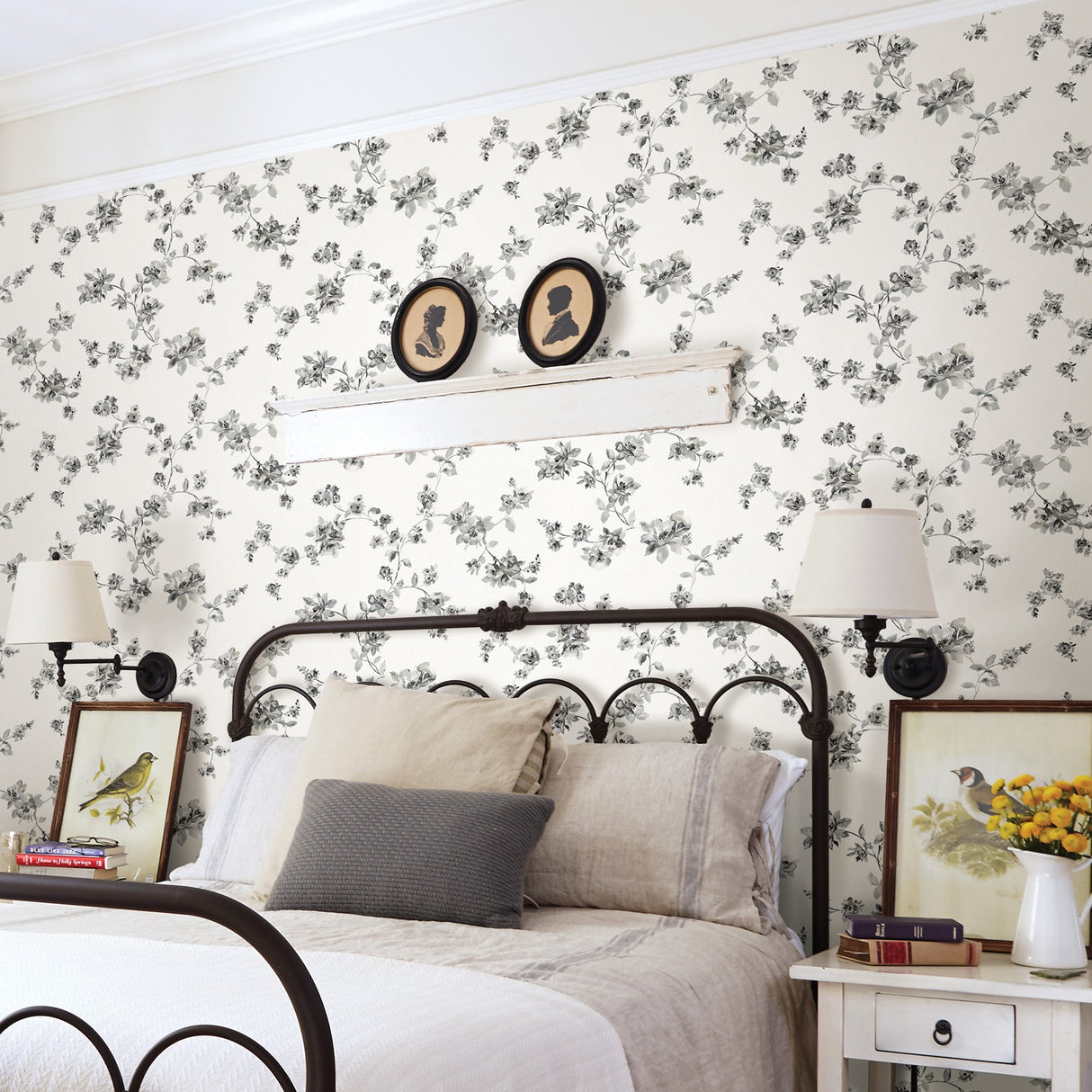 Cyrus Charcoal Festive Floral Wallpaper with Botanical Watercolor Trail - Chesapeake 3123-24482