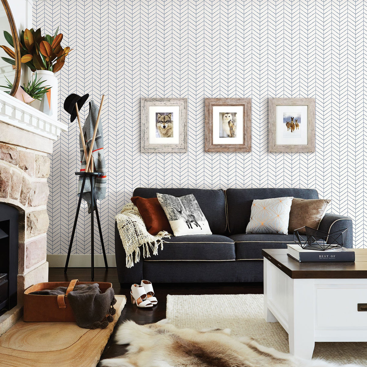 Bison Blue Herringbone Wallpaper with Raised Ink Geometric Pattern - Chesapeake 3123-25096