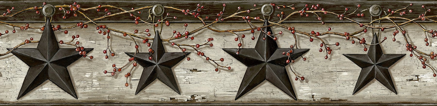 Ennis Black Rustic Barn Star Border Wallpaper with Country Stars Motif - Chesapeake 3123-44601