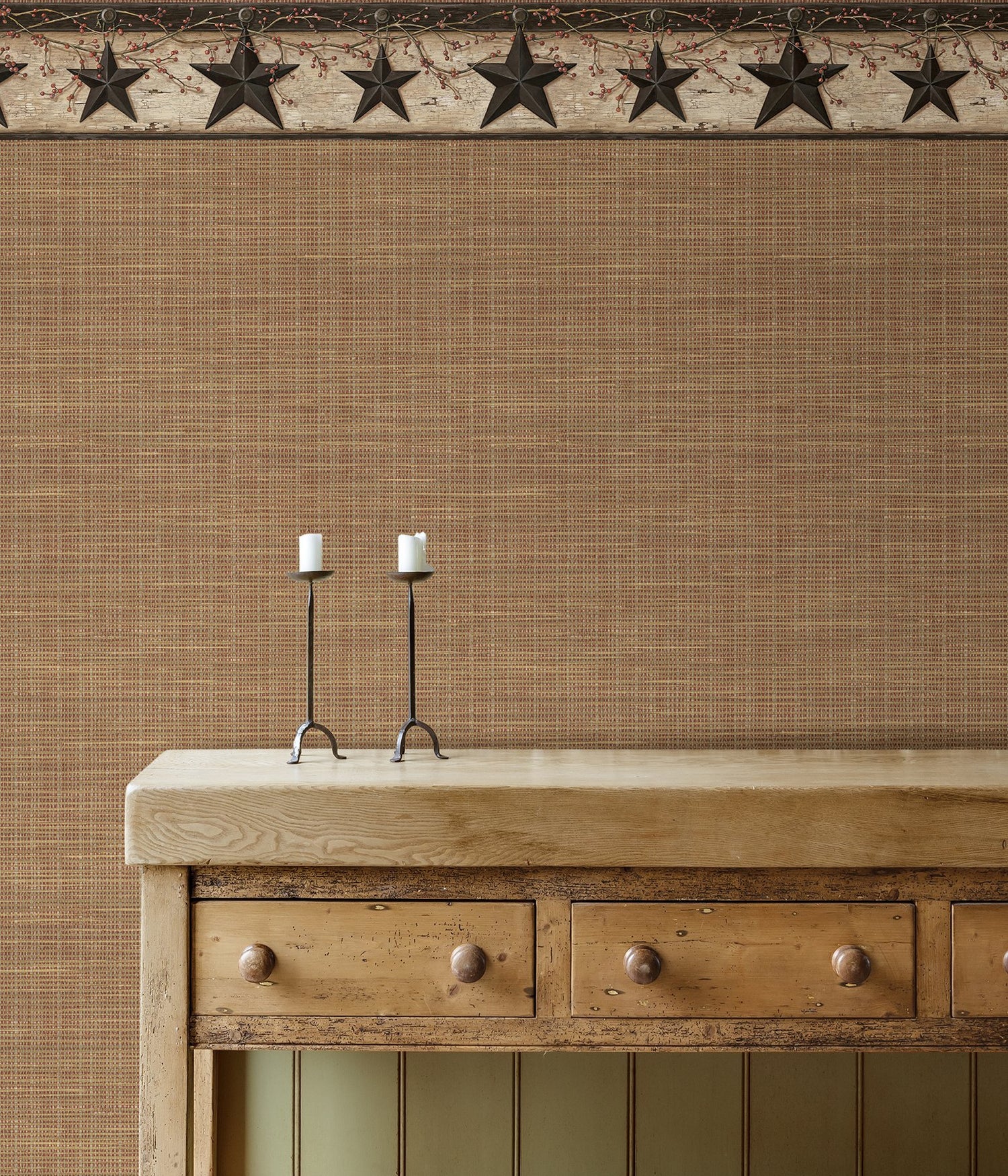 Ennis Charcoal Rustic Barn Star Border Wallpaper with Country Stars Graphic Pattern - Chesapeake 3123-44602