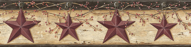Ennis Maroon Rustic Barn Star Wallpaper Border with Country Stars Motif - Chesapeake 3123-44603