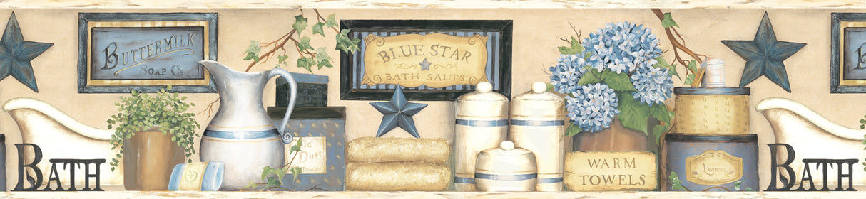 Martha Blue Country Bath Wallpaper Border by Chesapeake - RJ63101