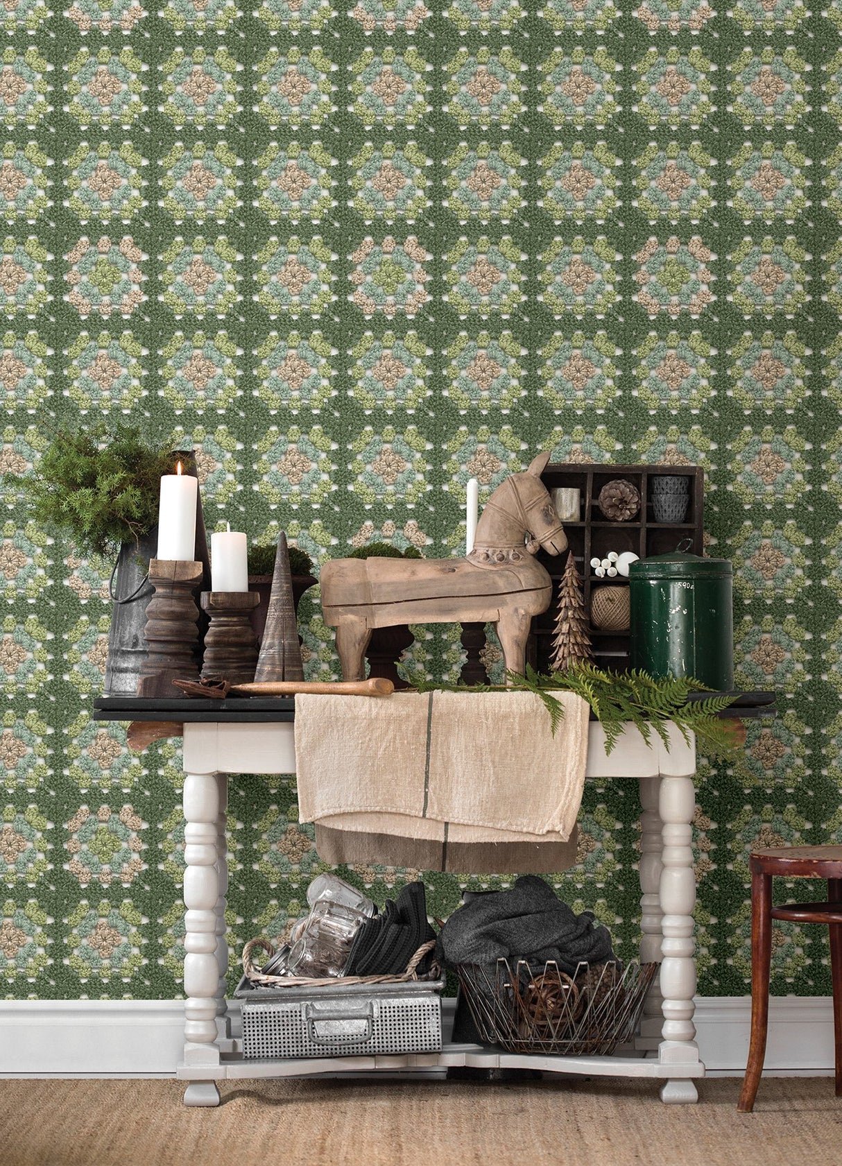 Maud Green Crochet Geometric Wallpaper with Eclectic Abstract Geometrics Pattern - Chesapeake 3124-13863