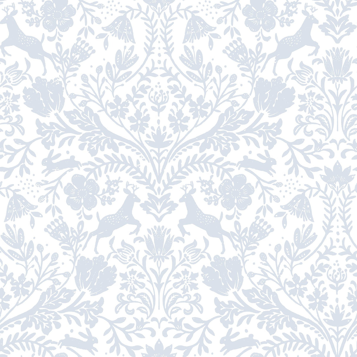 Forest Dance Light Blue Damask Wallpaper with Whimsical Woodland Motif - Chesapeake 3124-13882