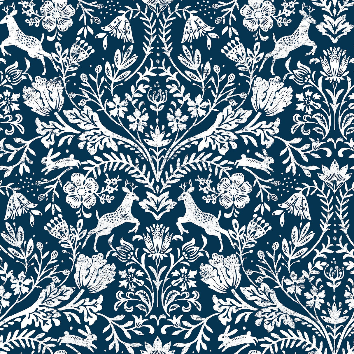 Forest Dance Navy Damask Wallpaper with Whimsical Animal Motif - Chesapeake 3124-13883