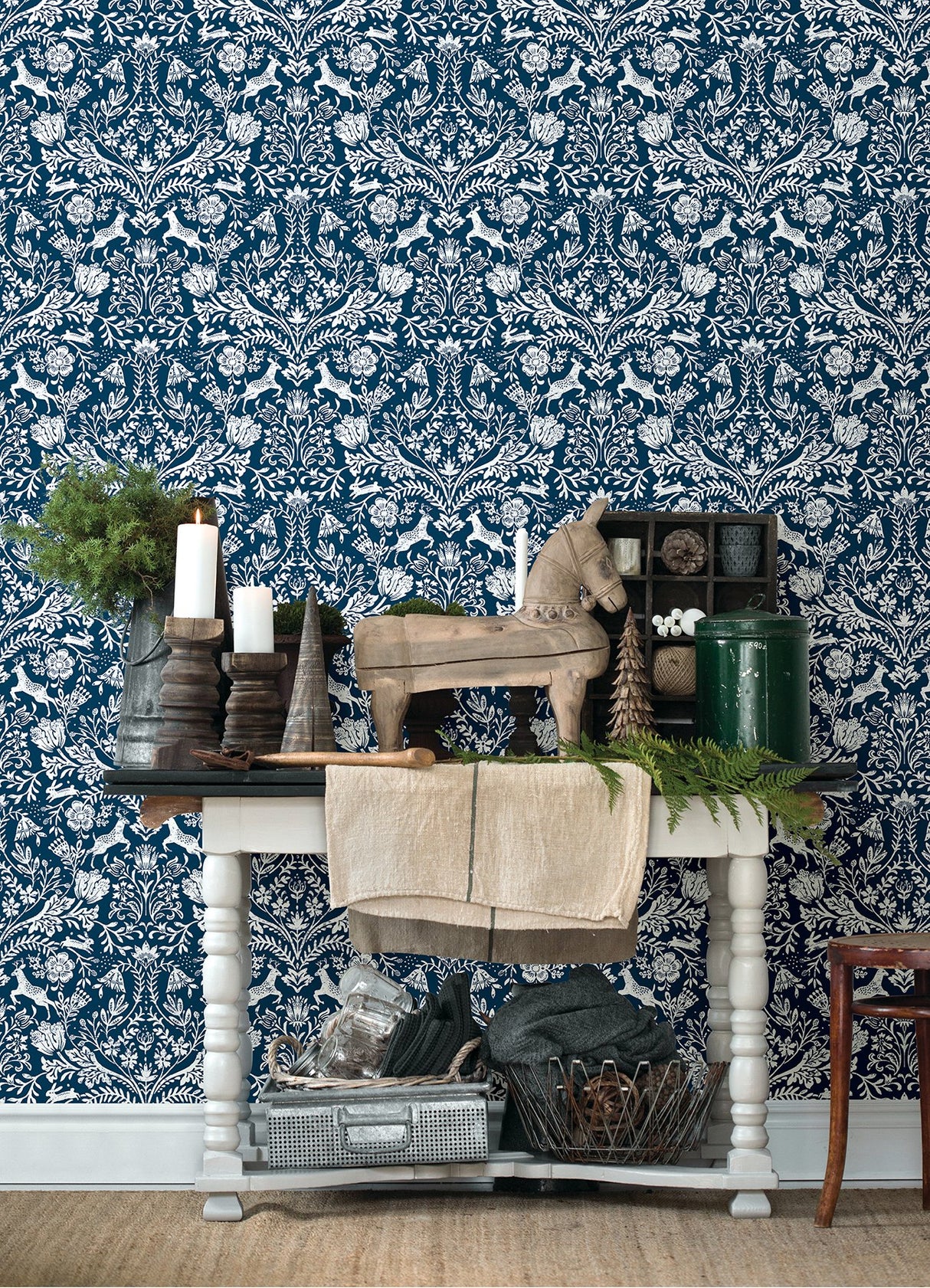 Forest Dance Navy Damask Wallpaper with Whimsical Animal Motif - Chesapeake 3124-13883