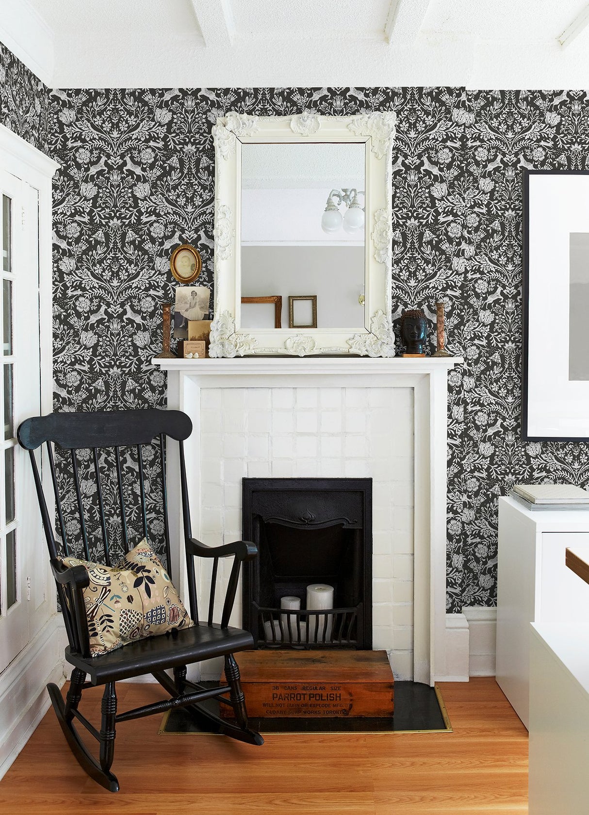 Forest Dance Charcoal Damask Wallpaper with Whimsical Animal Damask - Chesapeake 3124-13885