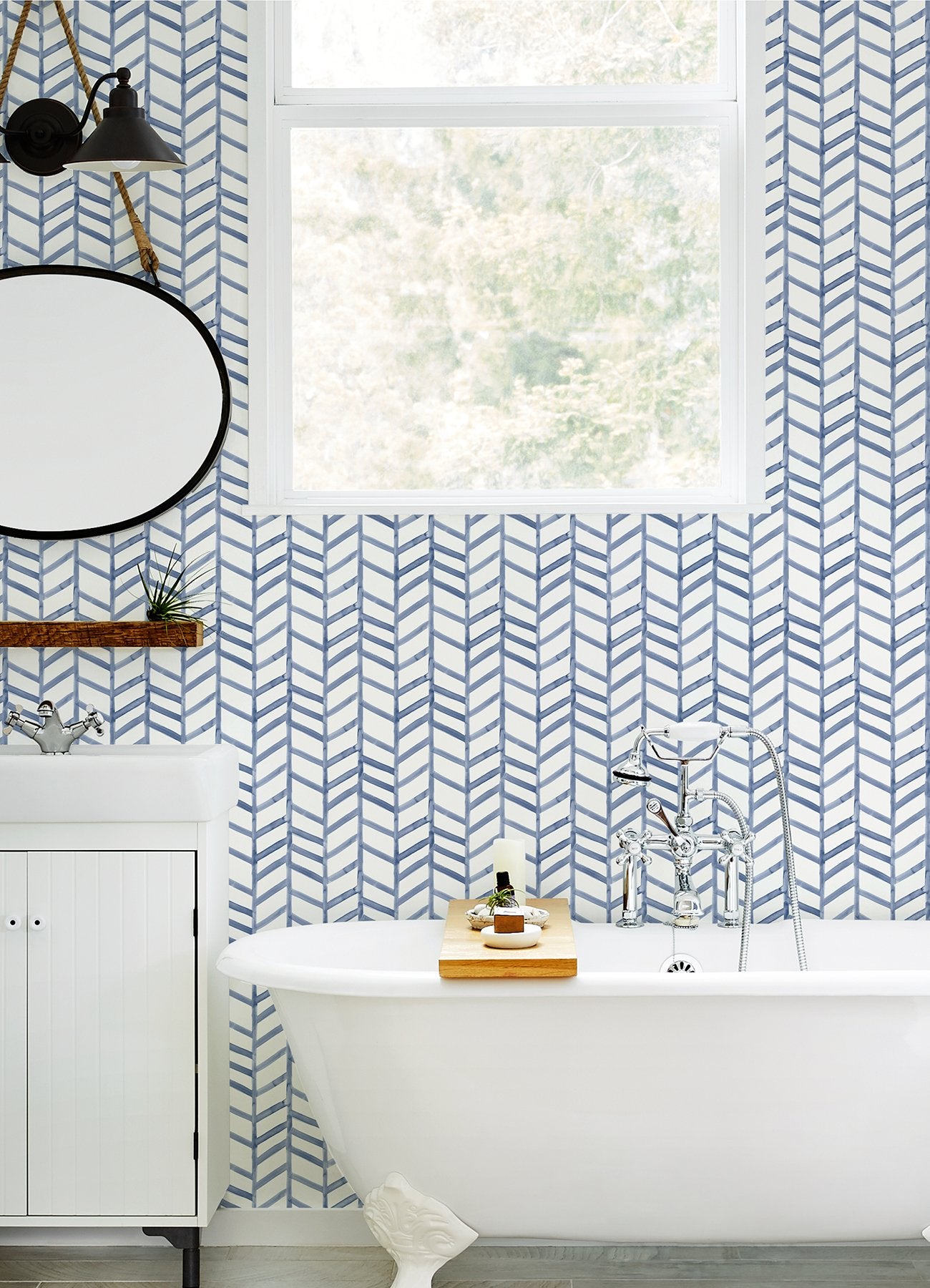Fletching Navy Geometric Wallpaper with Watercolor Chevron Motif - Chesapeake 3124-13923