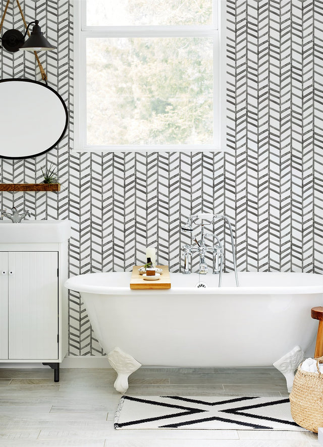 Fletching Black Geometric Wallpaper with Modern Abstract Chevron - Chesapeake 3124-13924
