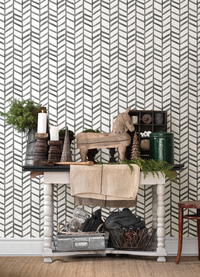 Fletching Black Geometric Wallpaper with Modern Abstract Chevron - Chesapeake 3124-13924