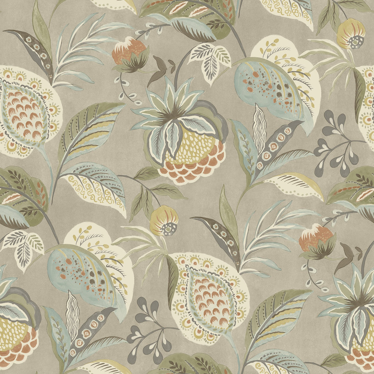 Bohemian Taupe Jacobean Wallpaper with Botanical Jacobean Motif - Chesapeake 3125-72301