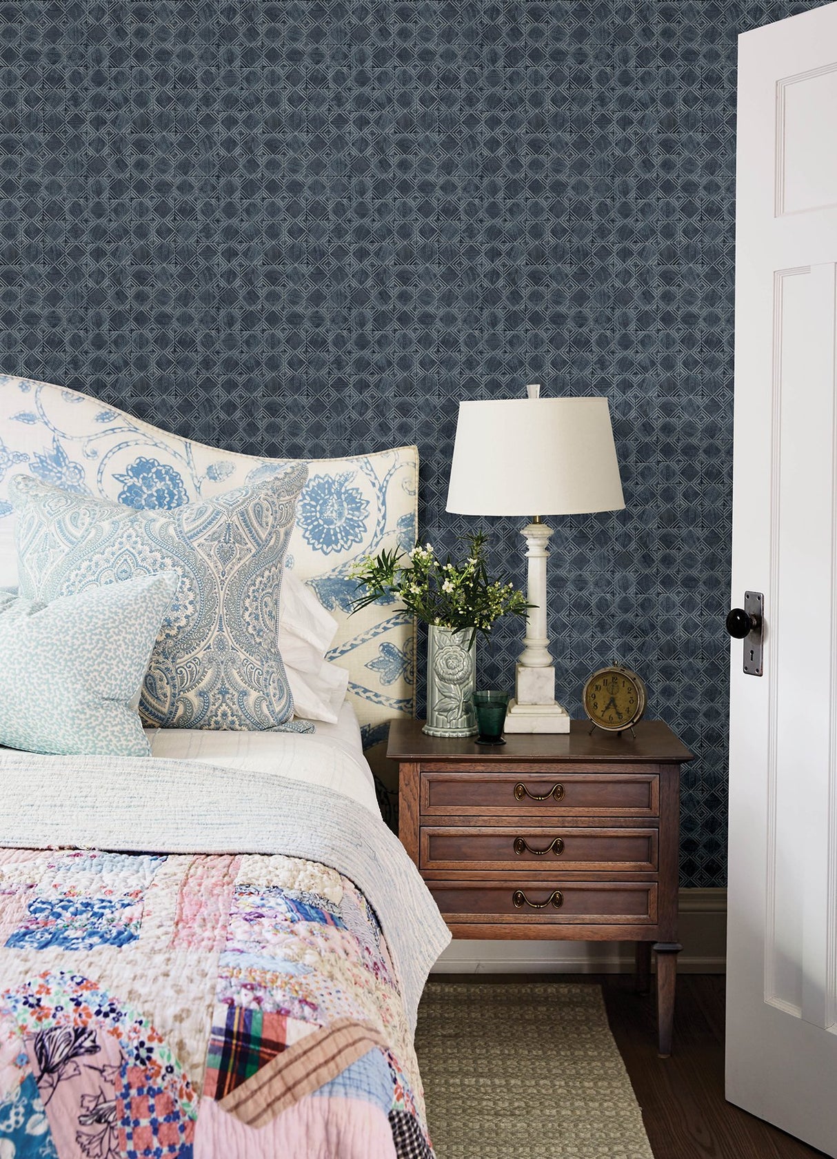 Button Block Navy Geometric Wallpaper with Farmhouse Graphic Motif - Chesapeake 3125-72306