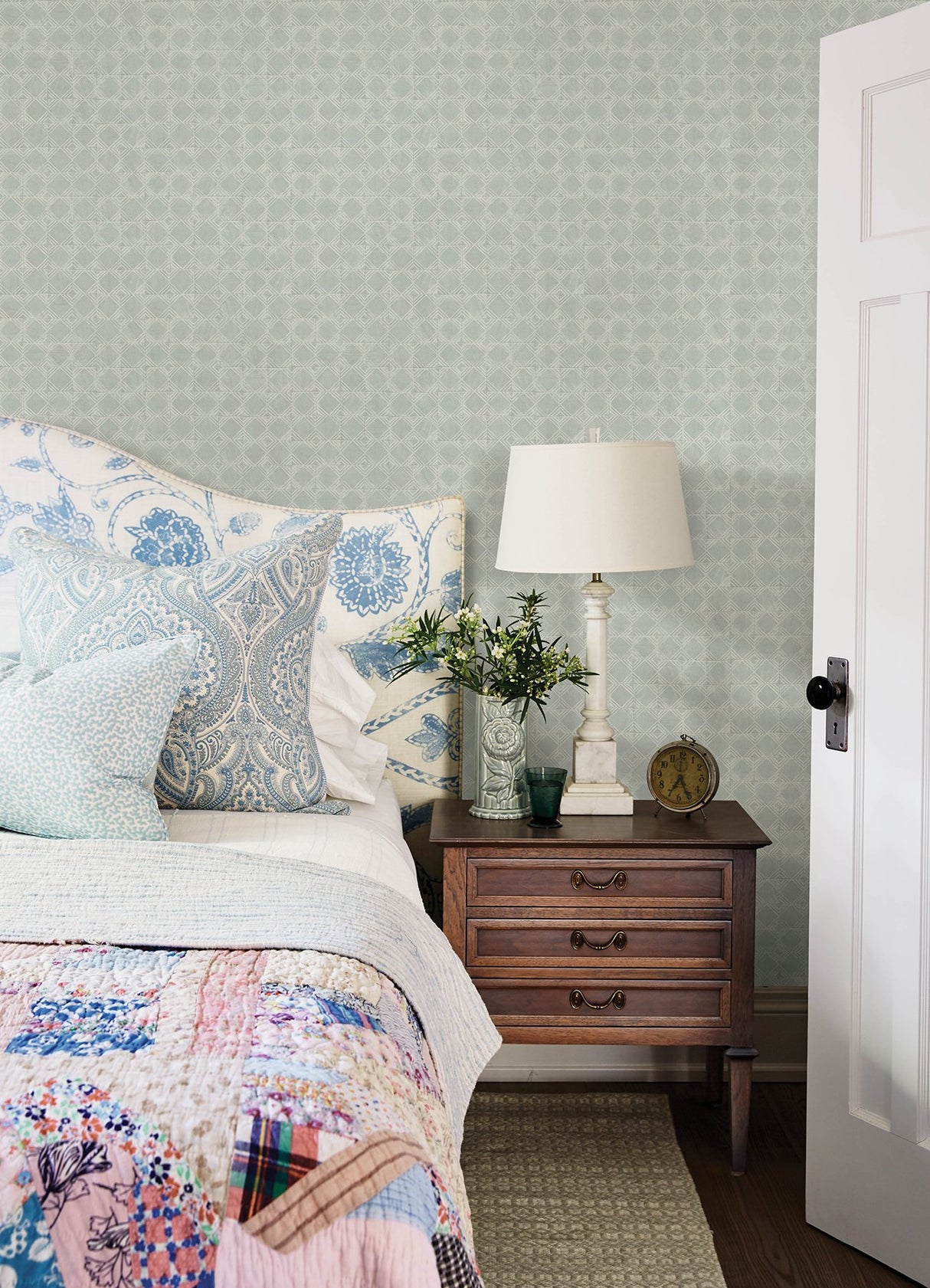 Button Block Aqua Geometric Wallpaper with Handcrafted Quilt-Inspired Square Motif - Chesapeake 3125-72308
