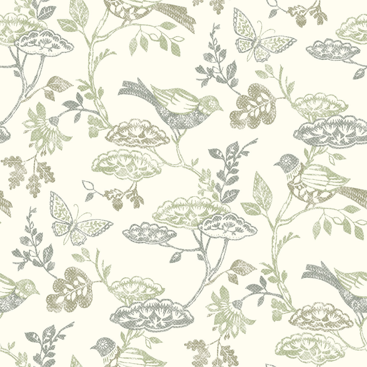 Malmo Green Trail Wallpaper with Birds and Butterflies Farmhouse Sure Strip - Chesapeake 3125-72315