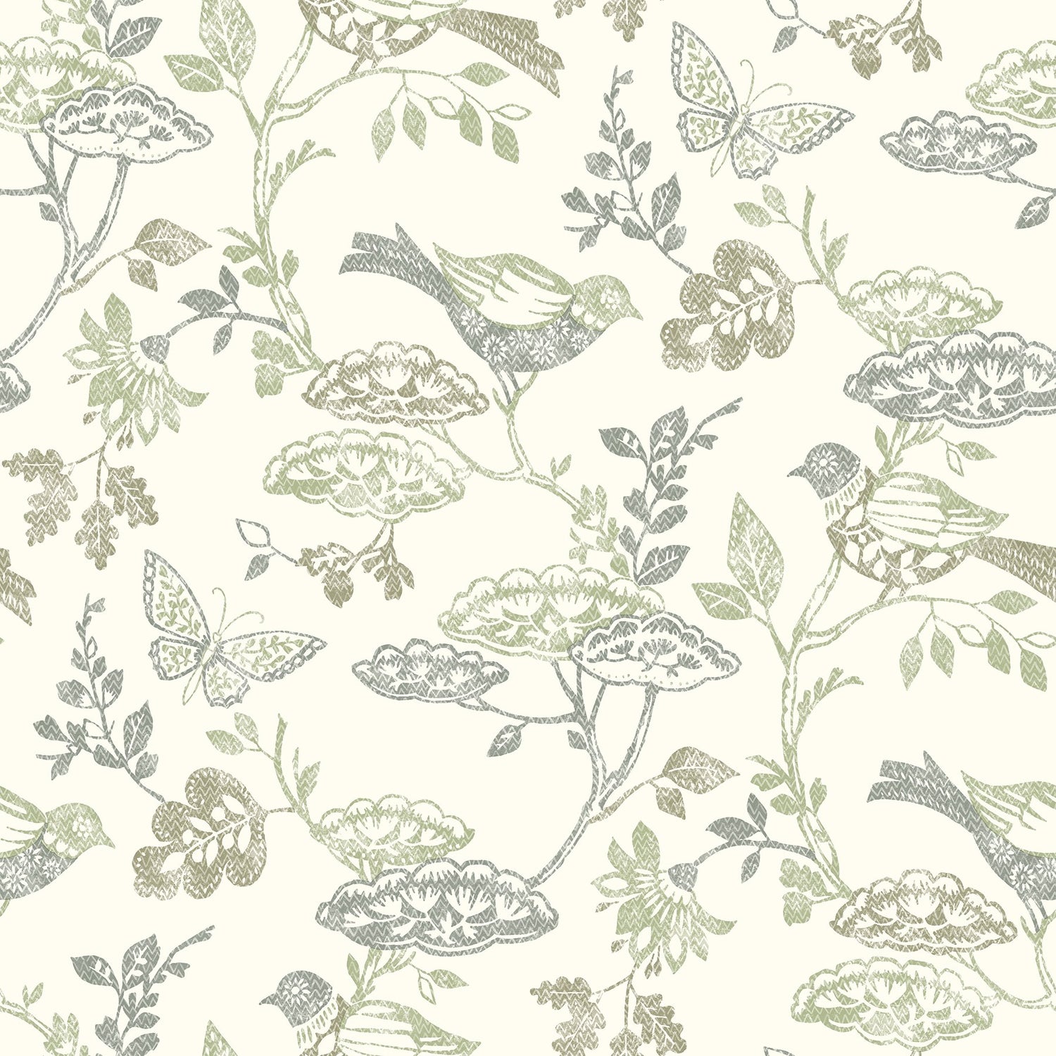 Malmo Green Trail Wallpaper with Birds and Butterflies Farmhouse Sure Strip - Chesapeake 3125-72315