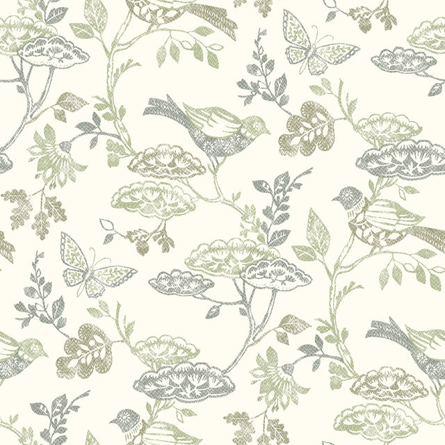 Malmo Green Trail Wallpaper with Birds and Butterflies Farmhouse Sure Strip - Chesapeake 3125-72315