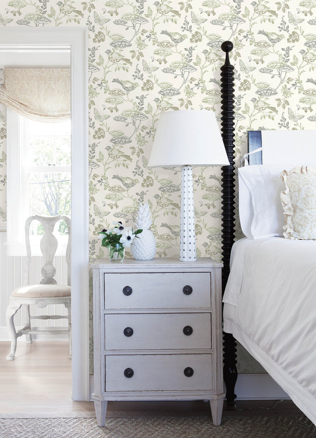 Malmo Green Trail Wallpaper with Birds and Butterflies Farmhouse Sure Strip - Chesapeake 3125-72315